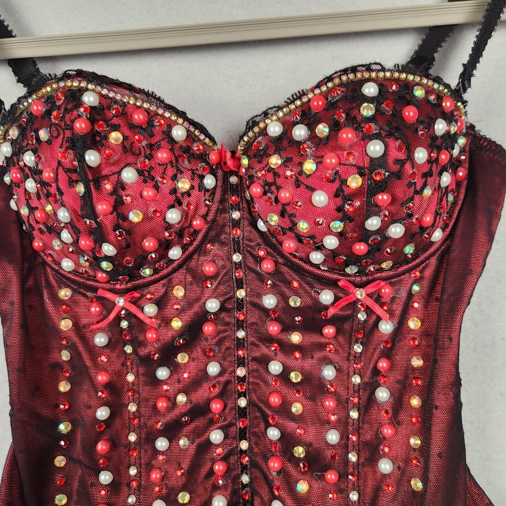 Affinitas Intimates Bustier Corset Top Womens 32C Red Black Lace Rhinestone - Picture 4 of 16